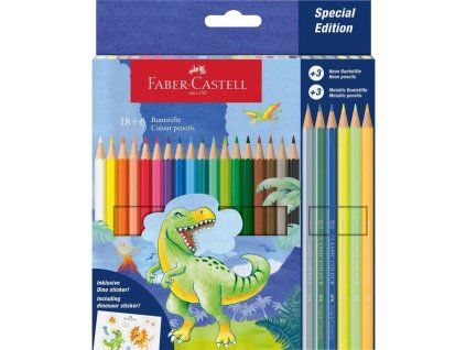 Faber-Castell šestihranné pastelky Dinosaurus, sada 24 ks, 18 běžných, 3 metalické a 3 neonové barvy