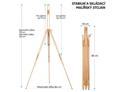 MEEDEN 6077 Bukový polní malířský stojan - trojnožka - rozměry